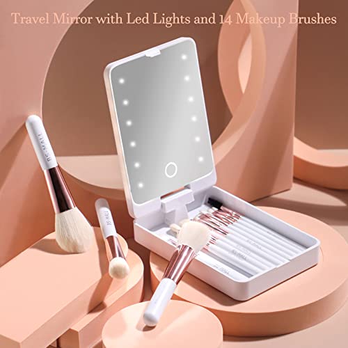 BS-MALL Travel Makeup Brushes Set Foundation Powder Concealers Eye Shadows Makeup Travel Set with LED Mirror Case 14 PCS Makeup Brushes White