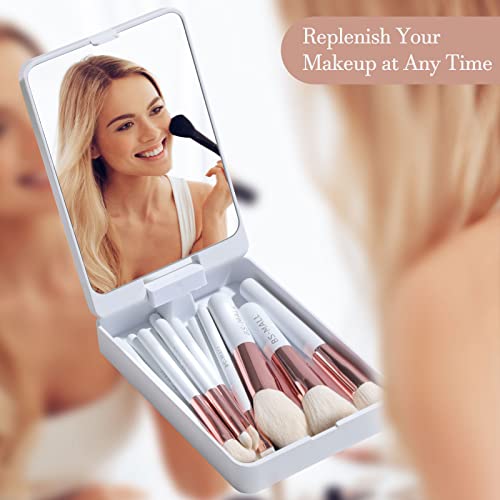 BS-MALL Travel Makeup Brushes Set Foundation Powder Concealers Eye Shadows Makeup Travel Set with LED Mirror Case 14 PCS Makeup Brushes White