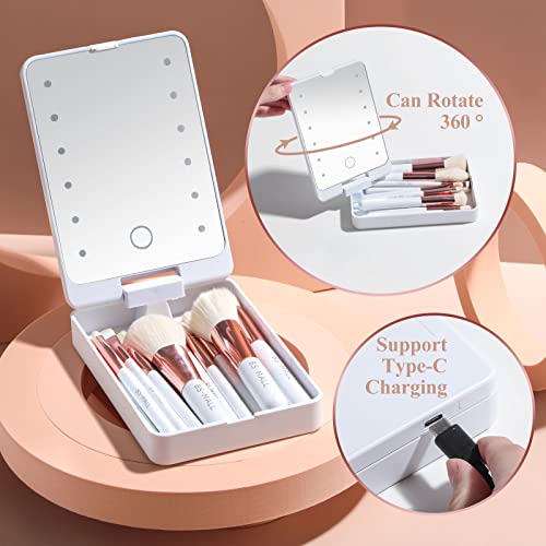 BS-MALL Travel Makeup Brushes Set Foundation Powder Concealers Eye Shadows Makeup Travel Set with LED Mirror Case 14 PCS Makeup Brushes White