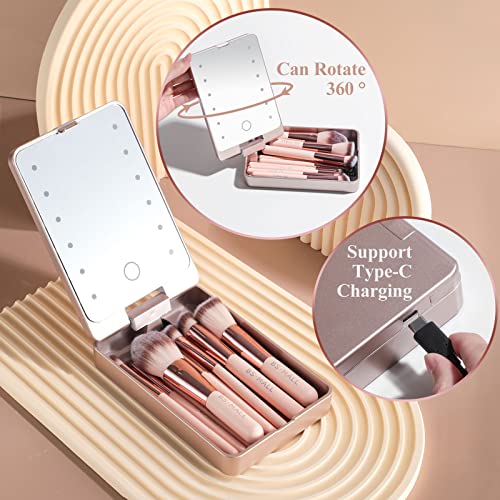 BS-MALL Travel Makeup Brushes Set Foundation Powder Concealers Eye Shadows Makeup Travel Set with LED Mirror Case 14 PCS Makeup Brushes White