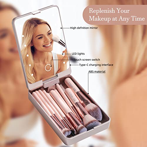 BS-MALL Travel Makeup Brushes Set Foundation Powder Concealers Eye Shadows Makeup Travel Set with LED Mirror Case 14 PCS Makeup Brushes White