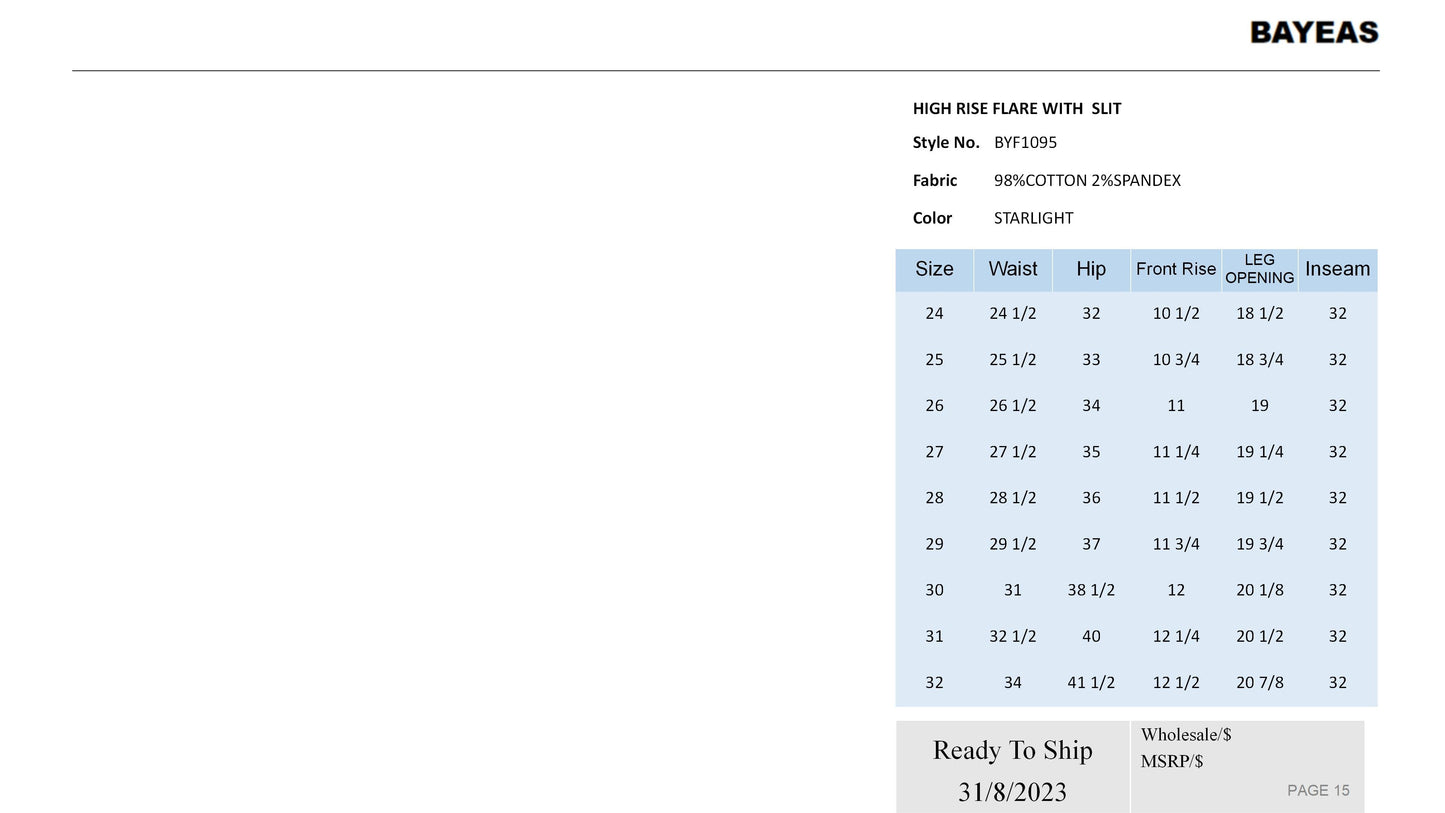 HIGH RISE FLARE JEANS WITH SLIT BYF1095 STARLIGHT