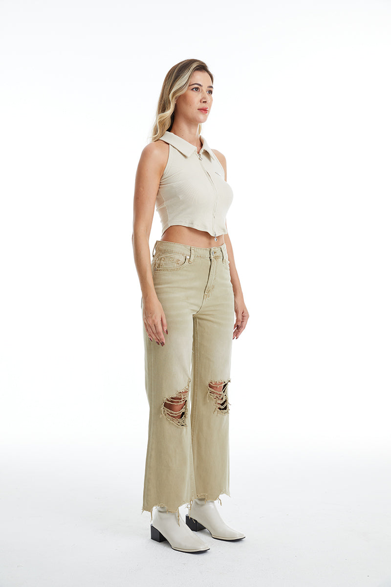 HIGH RISE VINTAGE CROP FLARE BYF1103 KHAKI