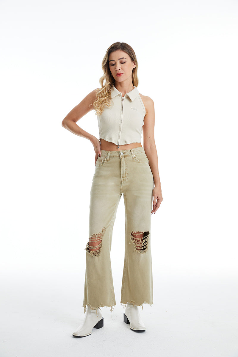 HIGH RISE VINTAGE CROP FLARE BYF1103 KHAKI