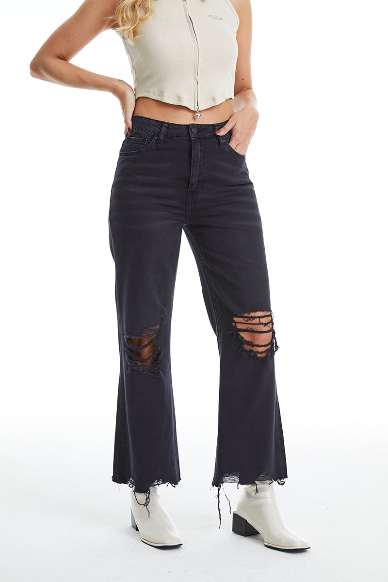 HIGH RISE VINTAGE CROP FLARE JEANS BYF1103 BLACK