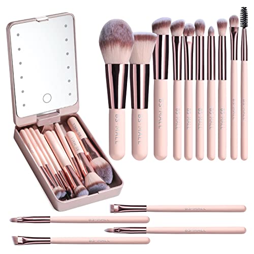 BS-MALL Travel Makeup Brushes Set Foundation Powder Concealers Eye Shadows Makeup Travel Set with LED Mirror Case 14 PCS Makeup Brushes White