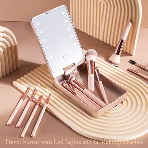 BS-MALL Travel Makeup Brushes Set Foundation Powder Concealers Eye Shadows Makeup Travel Set with LED Mirror Case 14 PCS Makeup Brushes White